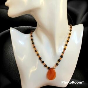 HANDMADE Czech Glass Jade Beaded Teardrop Carnelian Pendant Necklace